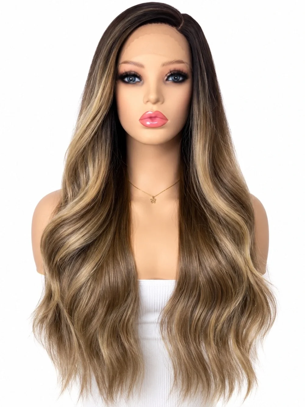 Long Wavy Ombre Lace Front Wig - Brown Blonde 24 inches long